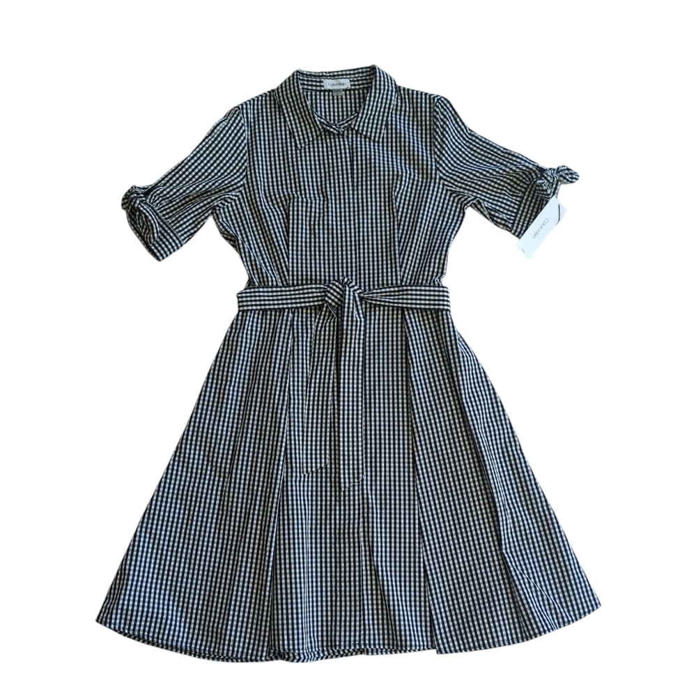 NWT Calvin Klein Gingham Shirtdress with Tie 8 Black White FLAW